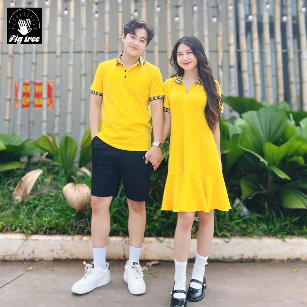 Set Áo Váy Đôi Fig Tree Thun Polo Màu Vàng Tươi Mới Về, Vải cá sấu co giãn,Hàng thiết kế, nhiều size