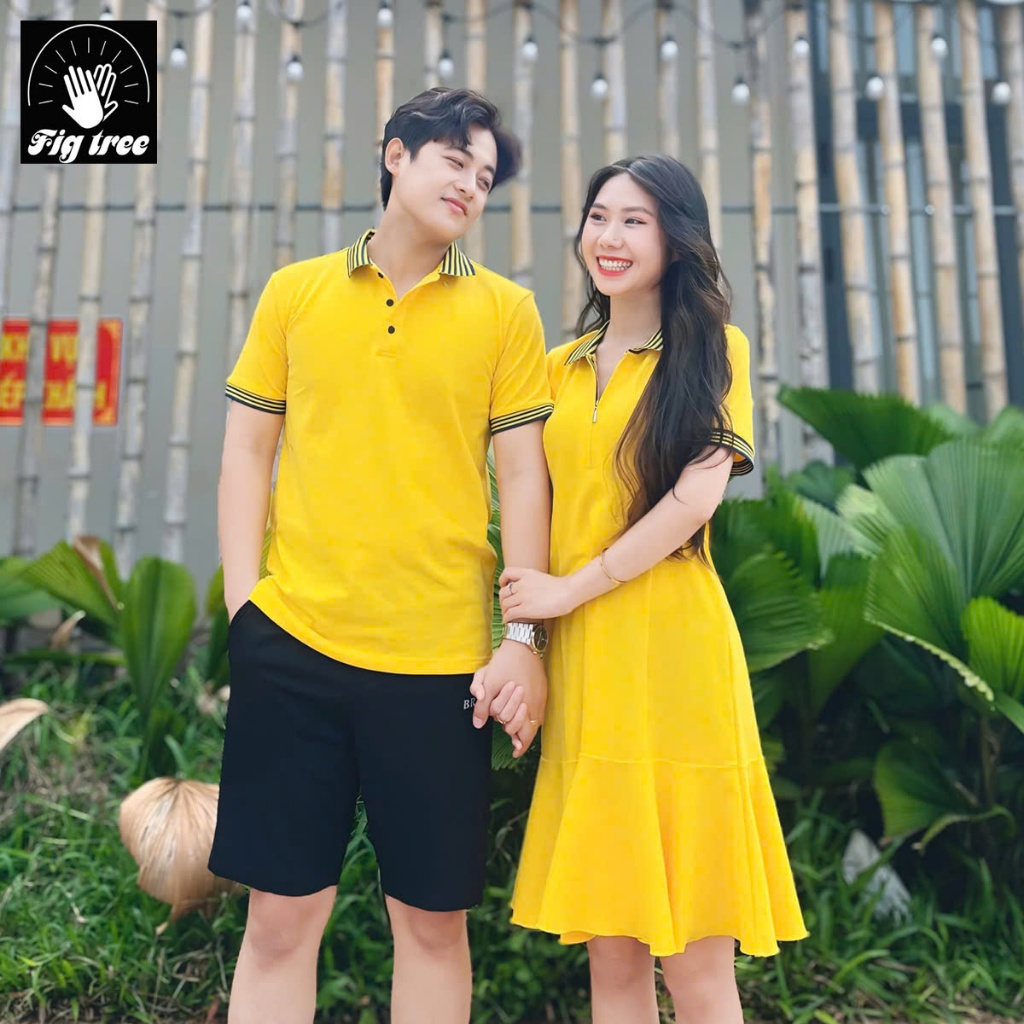 Set Áo Váy Đôi Fig Tree Thun Polo Màu Vàng Tươi Mới Về, Vải cá sấu co giãn,Hàng thiết kế, nhiều size