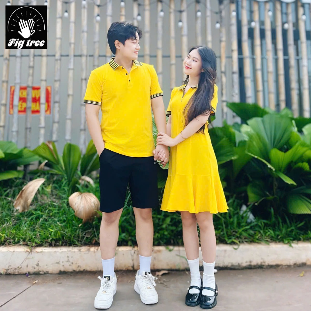 Set Áo Váy Đôi Fig Tree Thun Polo Màu Vàng Tươi Mới Về, Vải cá sấu co giãn,Hàng thiết kế, nhiều size