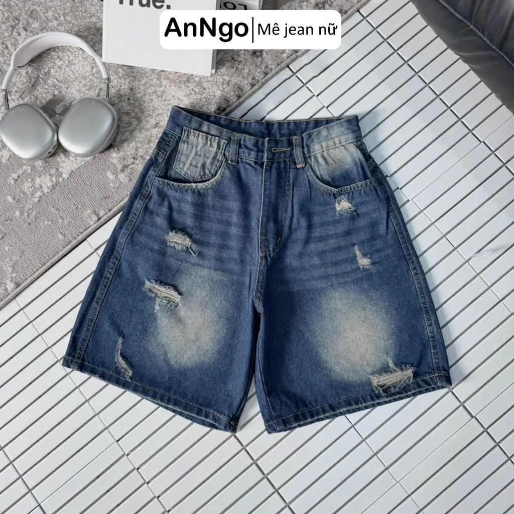 Quần jean ngố nữ ống rộng loang màu rách nhẹ cá tính, chất jean denim không co giãn Anngo - AT529