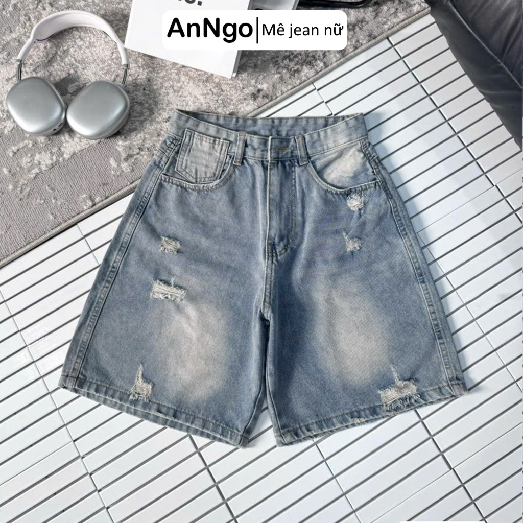Quần jean ngố nữ ống rộng loang màu rách nhẹ cá tính, chất jean denim không co giãn Anngo - AT529