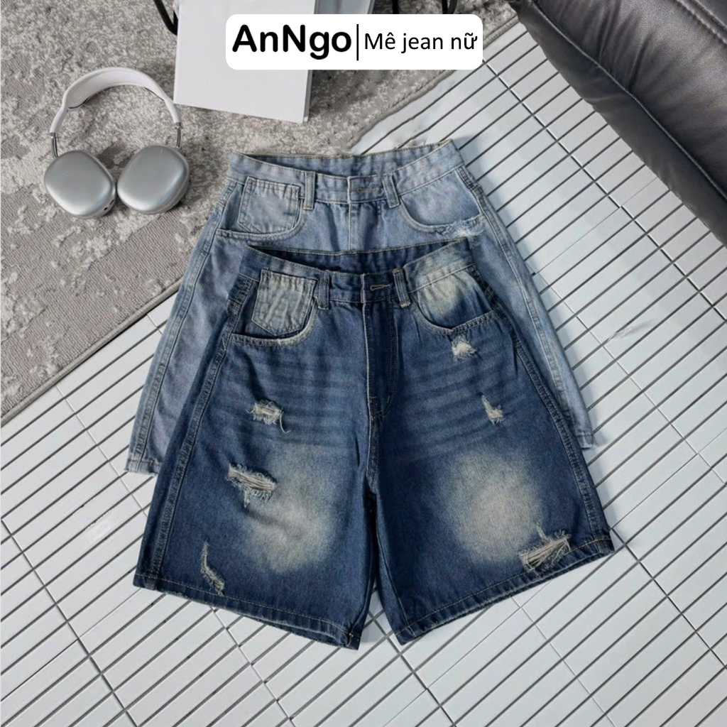 Quần jean ngố nữ ống rộng loang màu rách nhẹ cá tính, chất jean denim không co giãn Anngo - AT529