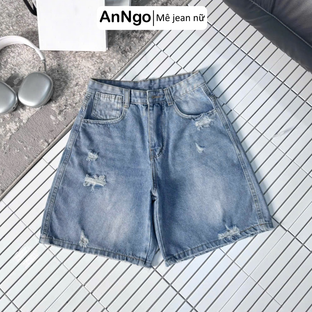 Quần jean ngố nữ ống rộng loang màu rách nhẹ cá tính, chất jean denim không co giãn Anngo - AT529