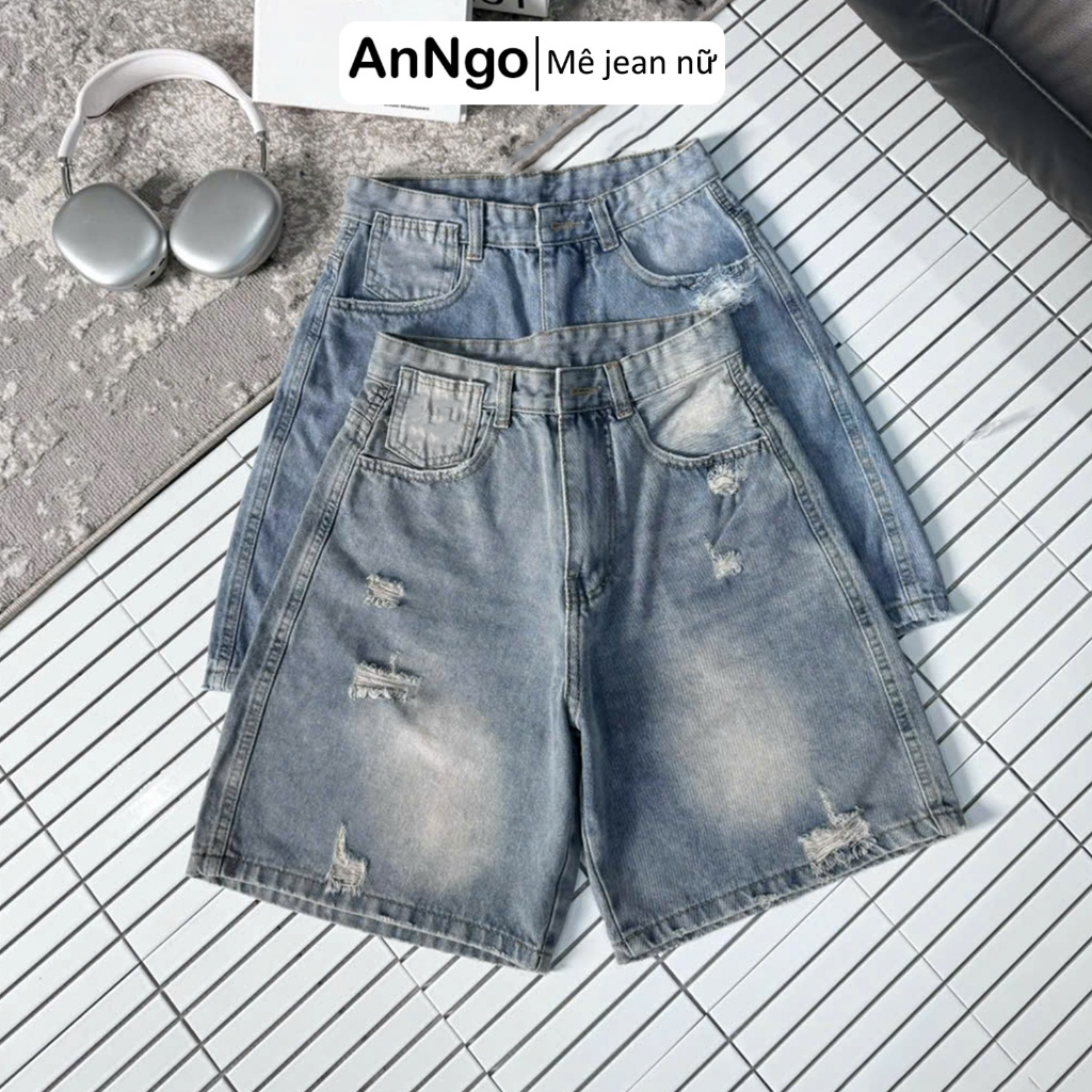 Quần jean ngố nữ ống rộng loang màu rách nhẹ cá tính, chất jean denim không co giãn Anngo - AT529