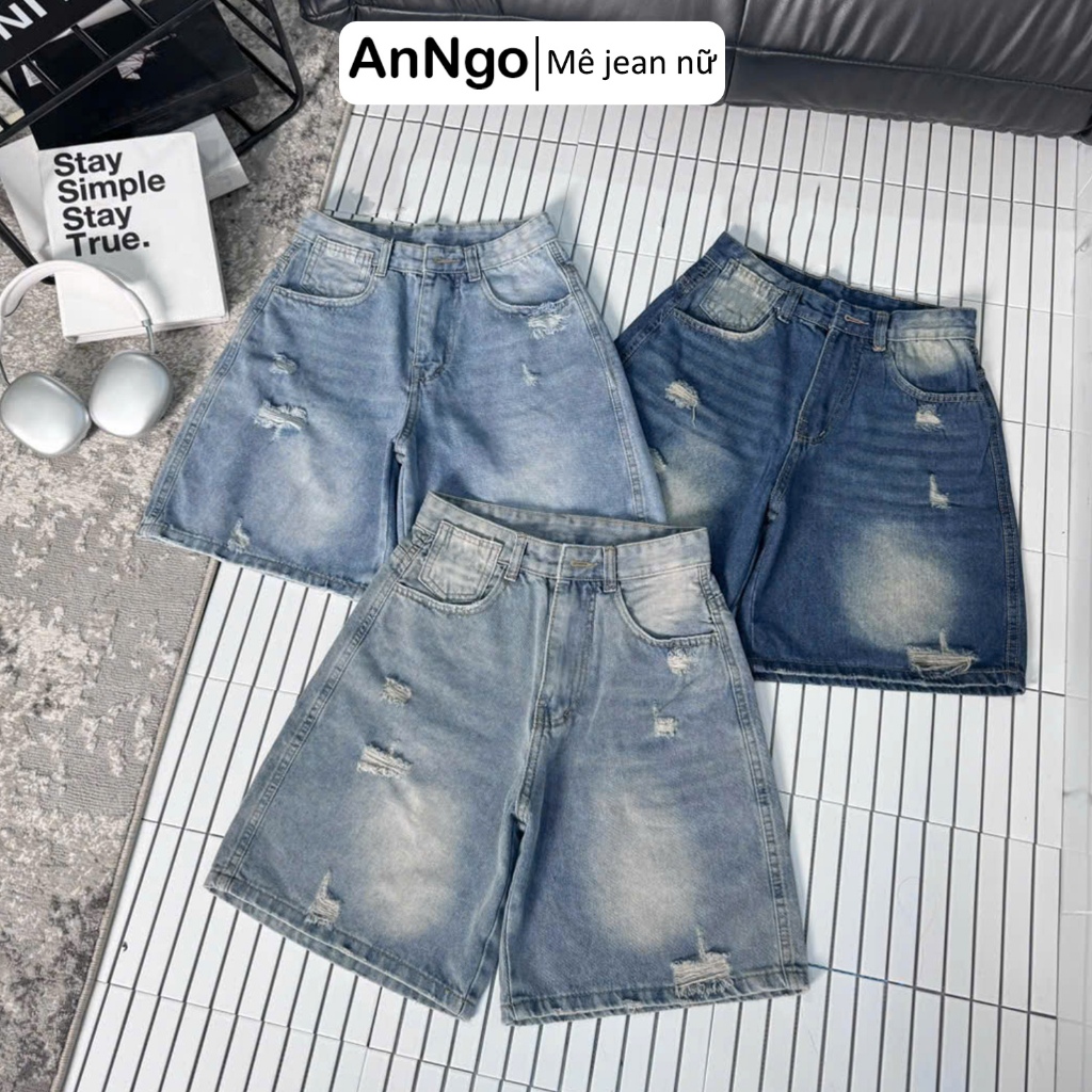 Quần jean ngố nữ ống rộng loang màu rách nhẹ cá tính, chất jean denim không co giãn Anngo - AT529