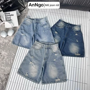 Quần jean ngố nữ ống rộng loang màu rách nhẹ cá tính, chất jean denim không co giãn Anngo - AT529