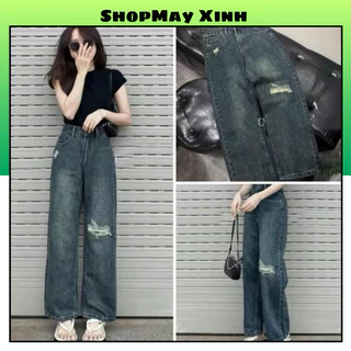 Quần jean lưng cao ống suông phối rách phong cách premium dài 98-99cm