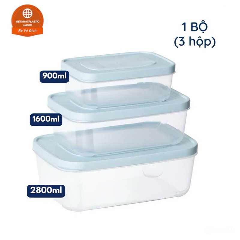 Combo 9 hộp thực phẩm chữ nhật loại đẹp Hokori (MS:6522) Việt Nhật, Hộp bảo quản thức ăn 900ml-1600ml-2800ml