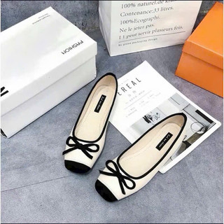 Giày bệt búp bê mũi đen gắn nơ đế dẻo P.75 ( phom rộng)