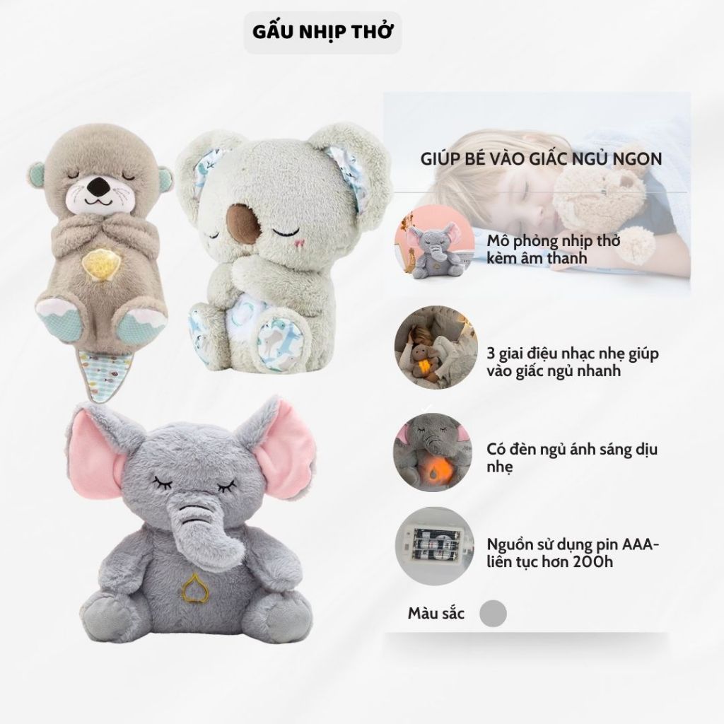 Gấu Bông Ru Ngủ Nhịp Thở Có Đèn Ngủ, Nhạc Ru, Động Tác Hít Thở Tạo Cảm Giác Cho Bé Ngủ Nhanh, Ngủ Ngon.Bobesu