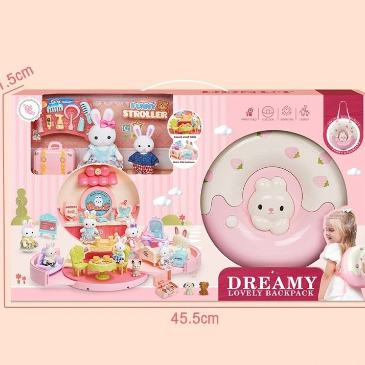 Đồ chơi balo hình bánh Donut biến hình ngôi nhà búp bê thỏ đáng yêu cho bé - Đồ Chơi PUPU HOUSE