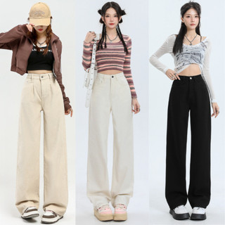 Quần Kaki Nữ trơn Cạp Cao Jean Trắng ống rộng dáng suông đứng Avo Avocado chất Kaki Bò Dáng dài Lưng Cao