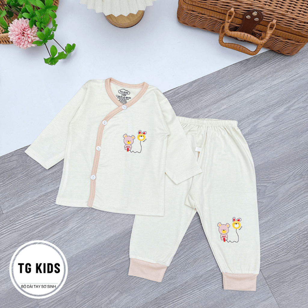 Set 3/5 Bộ quần áo sơ sinh dài tay thun lạnh màu kem in ngực hoạ tiết đơn giản cho bé 0 - 9 tháng [DL03]  Đậu Đậu Store