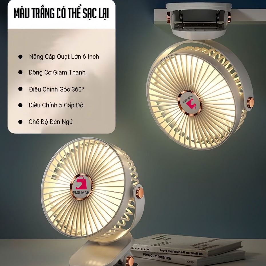 Quạt Mini Kẹp Bàn Tích Điện HGHOME 5 Chế Độ Gió Siêu Mát, Xoay 360 Độ Tích Hợp Sạc USB Tiện Lợi Pin 10000mAh