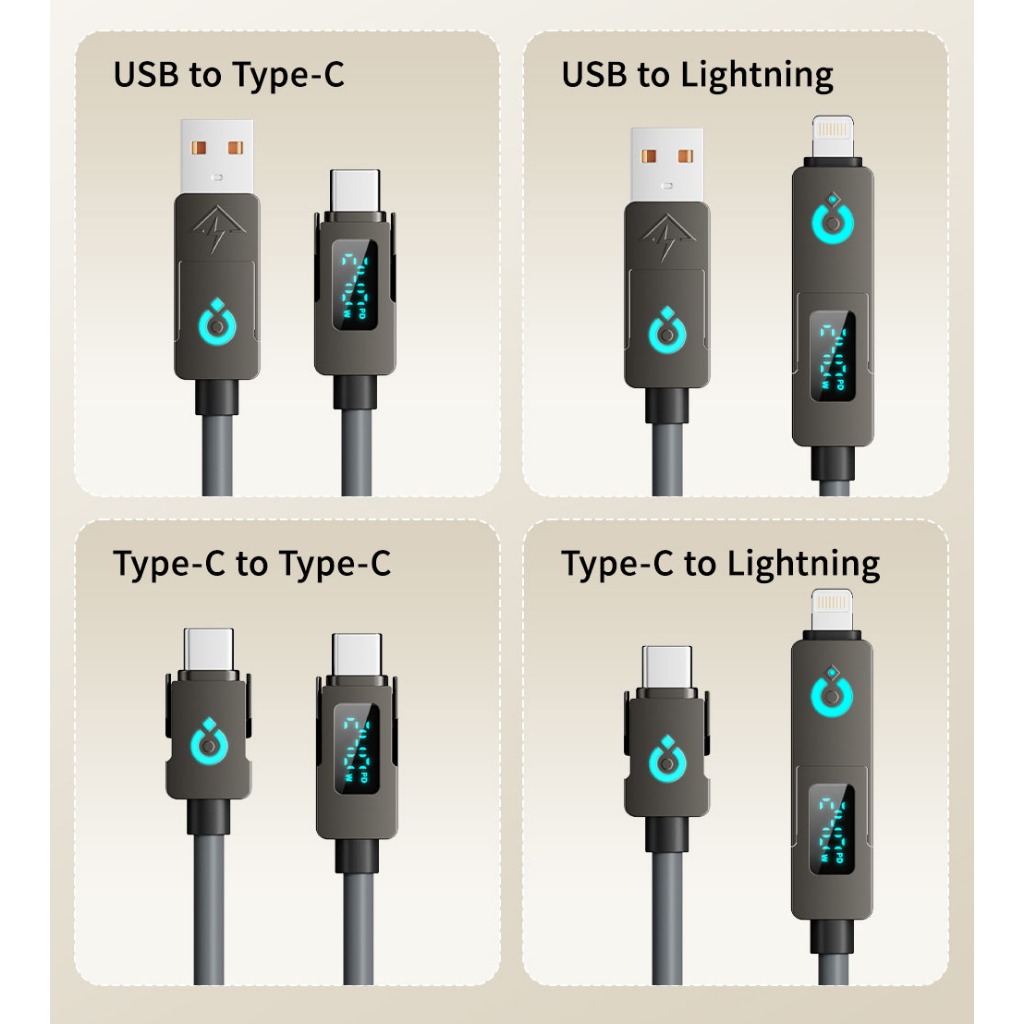 Cáp Sạc Nhanh 240W 4 Trong 1 Basemo - Có Màn LED Đo Sạc - Hỗ Trợ CarPlay - Chip E-Marker - 2 Mét - Dây lò xo