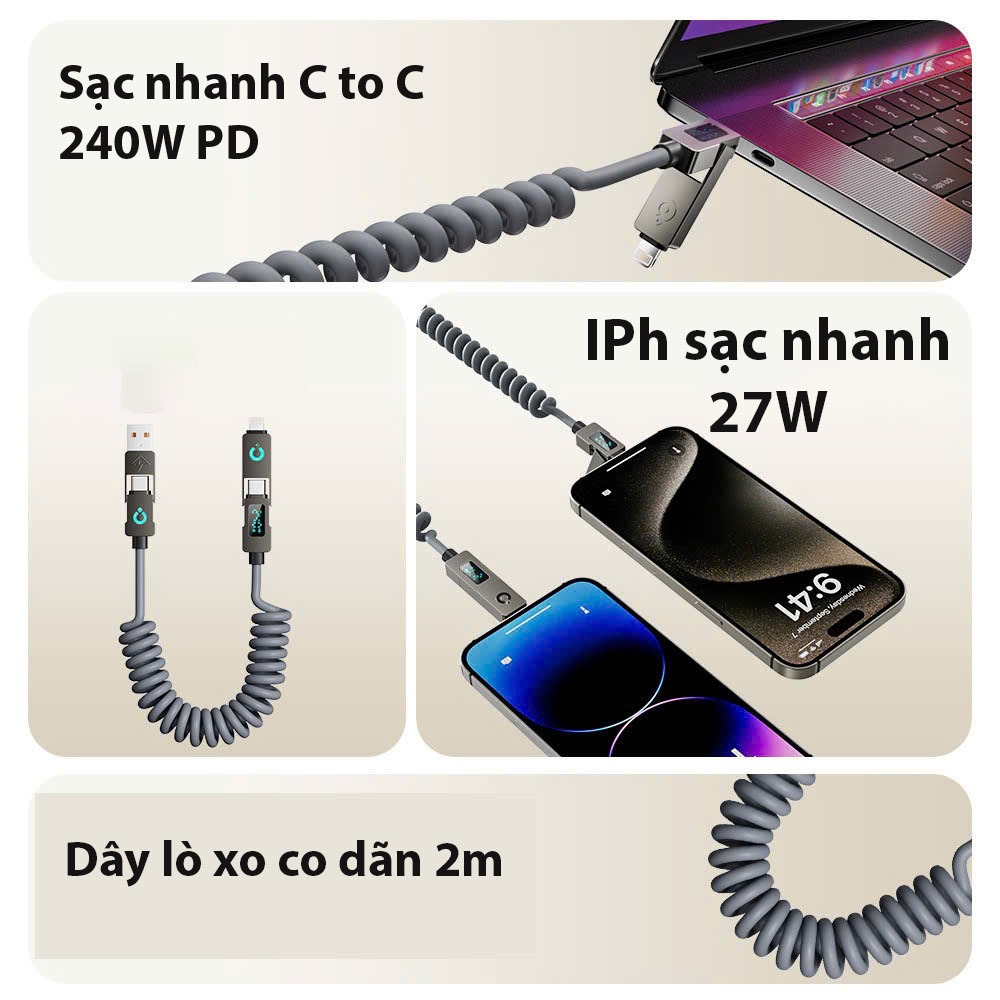 Cáp Sạc Nhanh 240W 4 Trong 1 Basemo - Có Màn LED Đo Sạc - Hỗ Trợ CarPlay - Chip E-Marker - 2 Mét - Dây lò xo