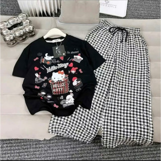 Bộ Kitty phối quần kẻ cho bé gái (9-44kg) chất cotton mềm mịn