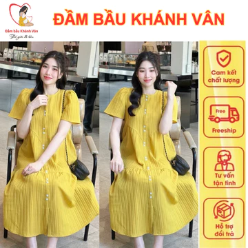 Váy babydoll, Đầm váy bầu Babydoll ba tầng gài cúc from rộng chất Đũi gân
