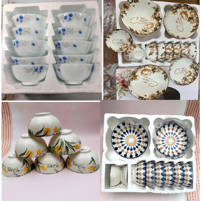 Set đĩa bát ăn cơn họa tiết 4D  - Bộ 10 bát ăn cơm sứ trắng ngọc hoa đẹp sang trọng- Chén sứ ăn cơm