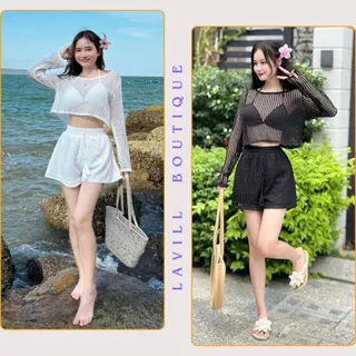 Set đồ nữ 3 món đi biển Bộ bikini ren lưới dài tay kèm quần short lưới 2 lớp kiểu dáng sexy xinh xắn