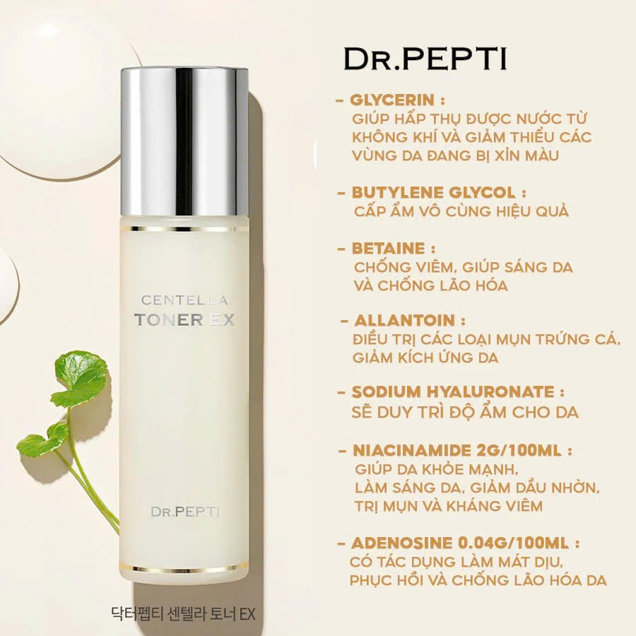 Nước Hoa Hồng Dr.Pepti Centella Toner Ex 180ml – Cấp Ẩm, Căng Bóng, Làm Dịu Và Phục Hồi Da