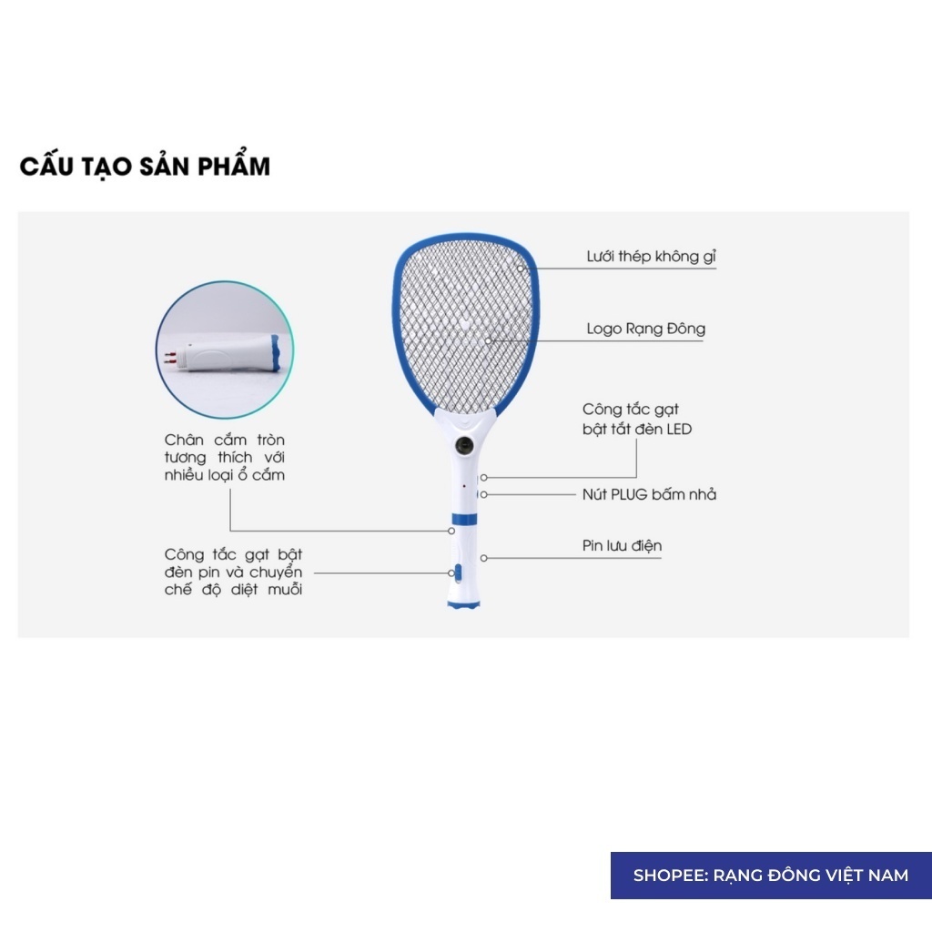 [Tặng Áo Mưa ] Vợt Bắt Muỗi Điện Tử Rạng Đông RD02, Kết Hợp Vợt Bắt Muỗi Và Đèn Pin 2in1, Dễ Sử Dụng