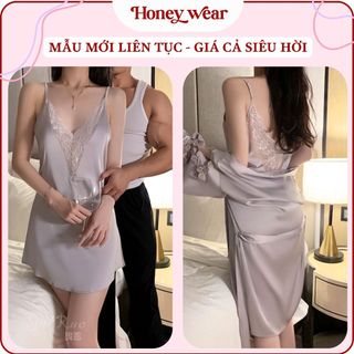 [REN GỢI CẢM - FORM ĐỒNG HỒ] Váy Ngủ Lụa Phối Ren Hai Dây Xẻ Ngực Cổ V Hở Lưng Honey Wear Sang Trọng A103