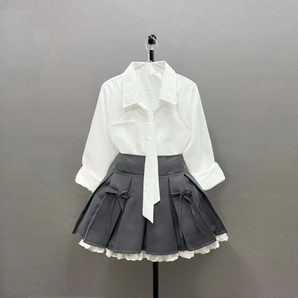 Set Bộ Công Sở Bigsize Nữ Sơ Mi Vải Lụa Chéo Kèm Chân Váy Xòe Ren Mềm Chất Tây Lưng Cao SET973