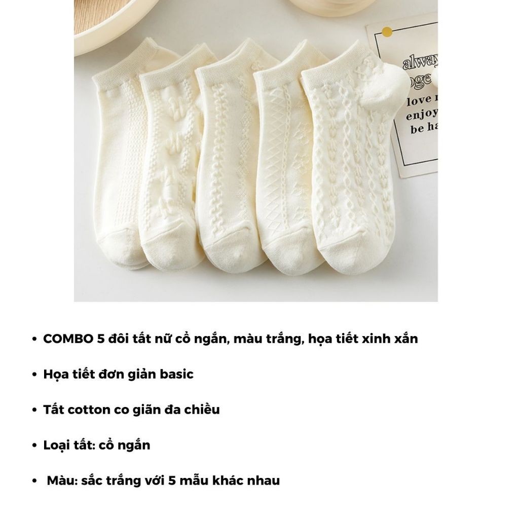 Combo 5 đôi tất nữ cổ ngắn trắng trơn họa tiết đơn giản chất cotton mềm mại thấm hút tốt LANIXA T632