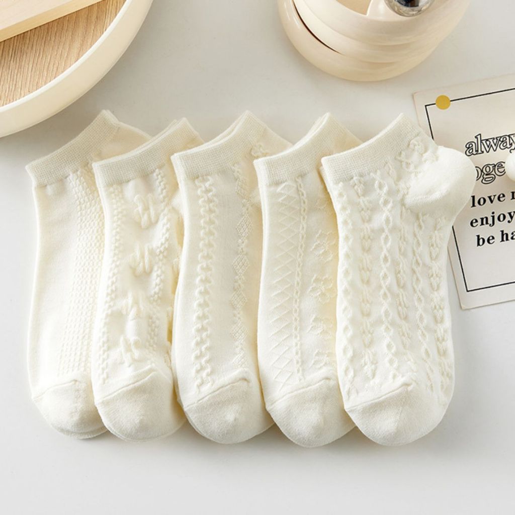 Combo 5 đôi tất nữ cổ ngắn trắng trơn họa tiết đơn giản chất cotton mềm mại thấm hút tốt LANIXA T632