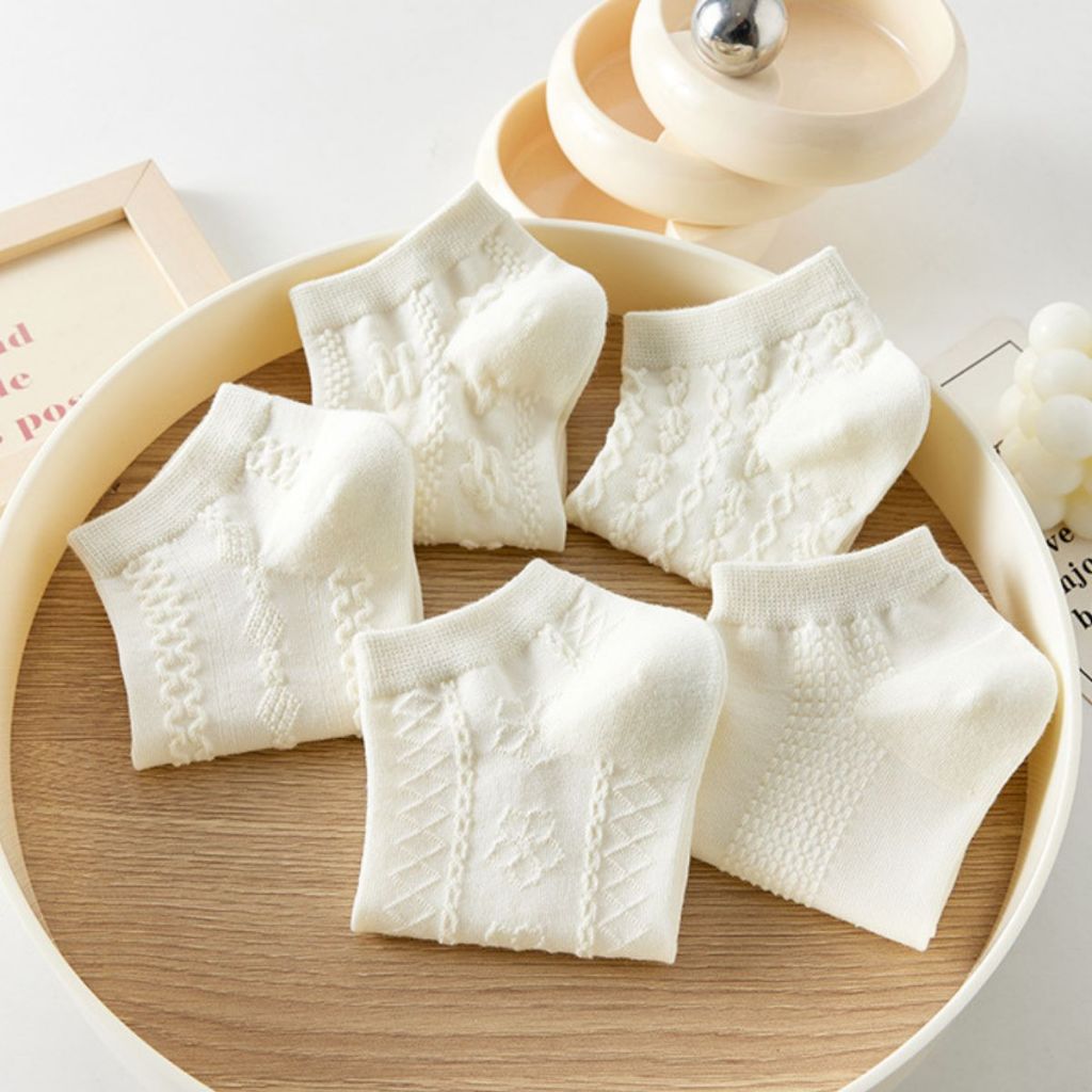 Combo 5 đôi tất nữ cổ ngắn trắng trơn họa tiết đơn giản chất cotton mềm mại thấm hút tốt LANIXA T632