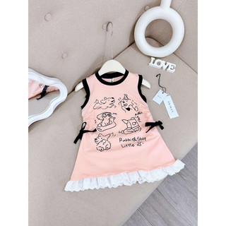 Váy hè xinh cho bé gái, Váy cotton hình in dễ thương viền ren cho bé gái