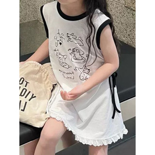 Váy hè xinh cho bé gái, Váy cotton hình in dễ thương viền ren cho bé gái