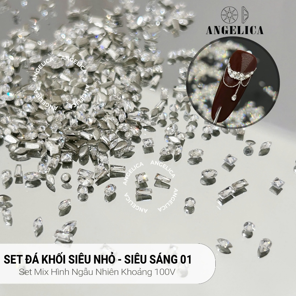 Set Đá Khối Chân Bằng Super Mini ( 100 viên ) ANGELICA Siêu Nhỏ Chân Vàng Trang Trí Móng