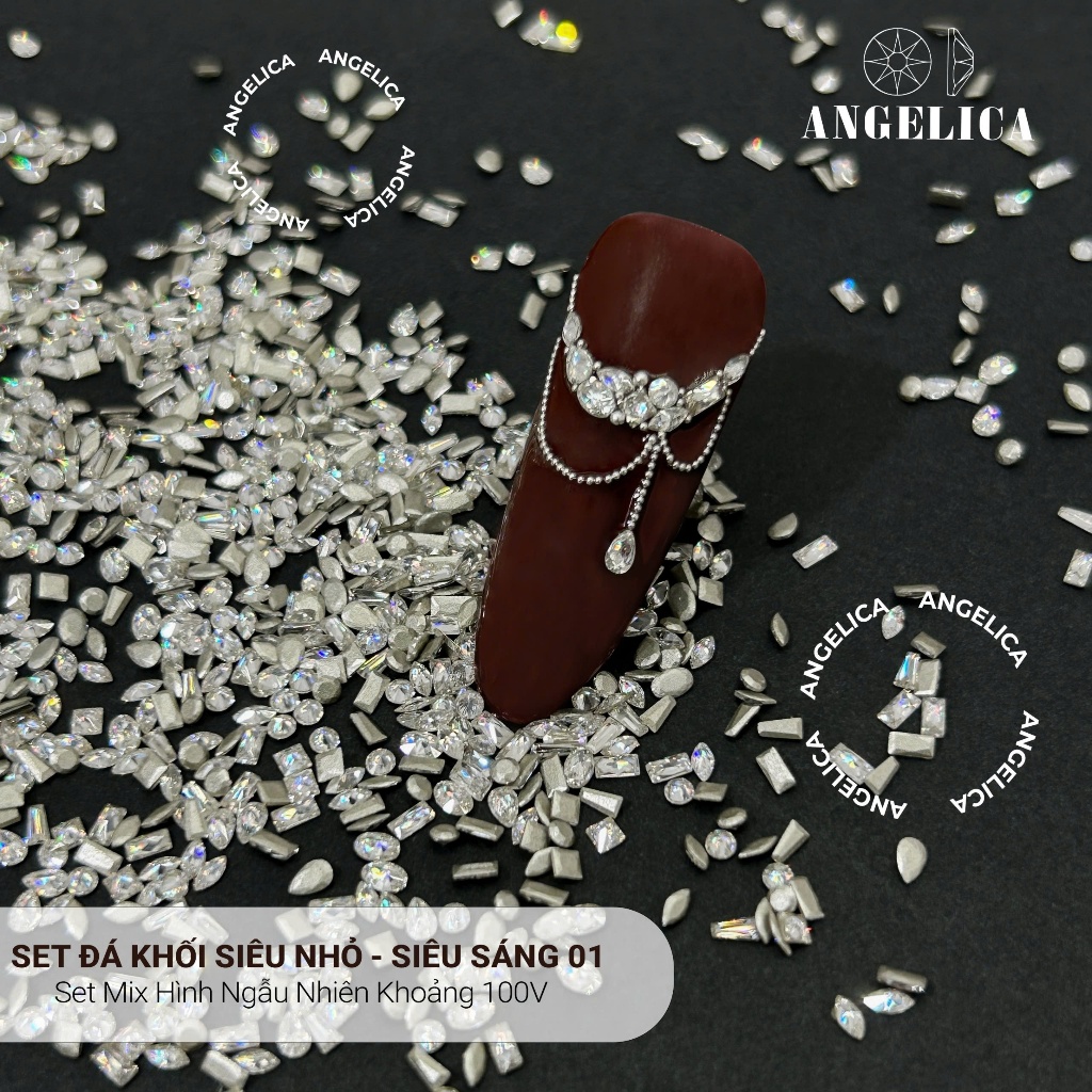 Set Đá Khối Chân Bằng Super Mini ( 100 viên ) ANGELICA Siêu Nhỏ Chân Vàng Trang Trí Móng