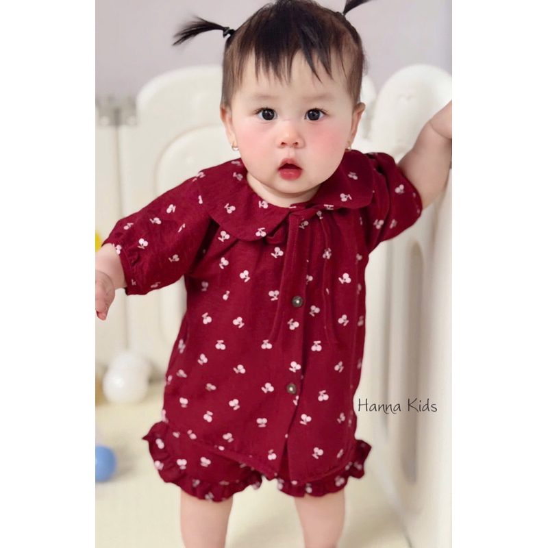 Bộ Cộc Tay Cổ Sen Buộc Nơ Vải Đũi Mềm Mịn Thoáng Mát Cho Bé Nhà Liena'S Closet