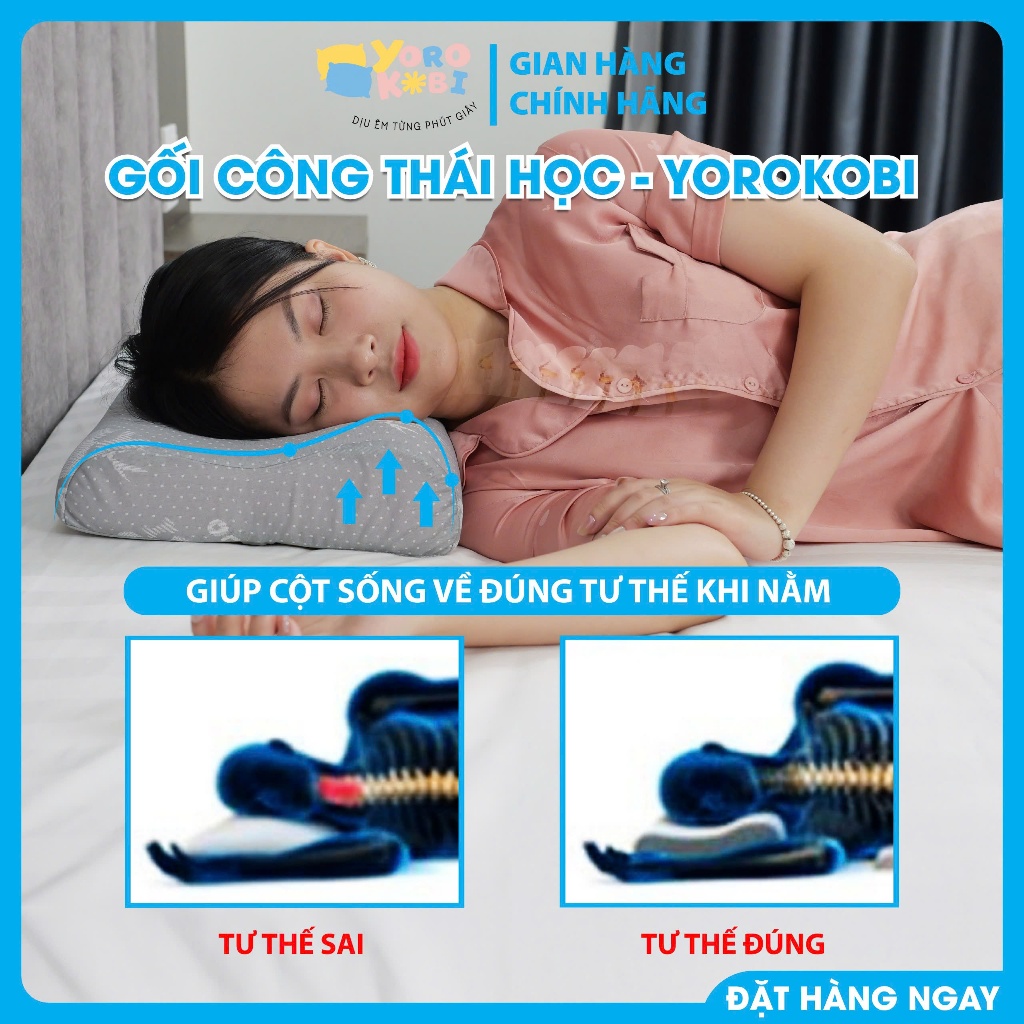 Gối ngủ công thái học Yorokobi thiết kế uốn lượn chống đau mỏi cổ vai gáy mềm thoáng khí, ngủ nhanh