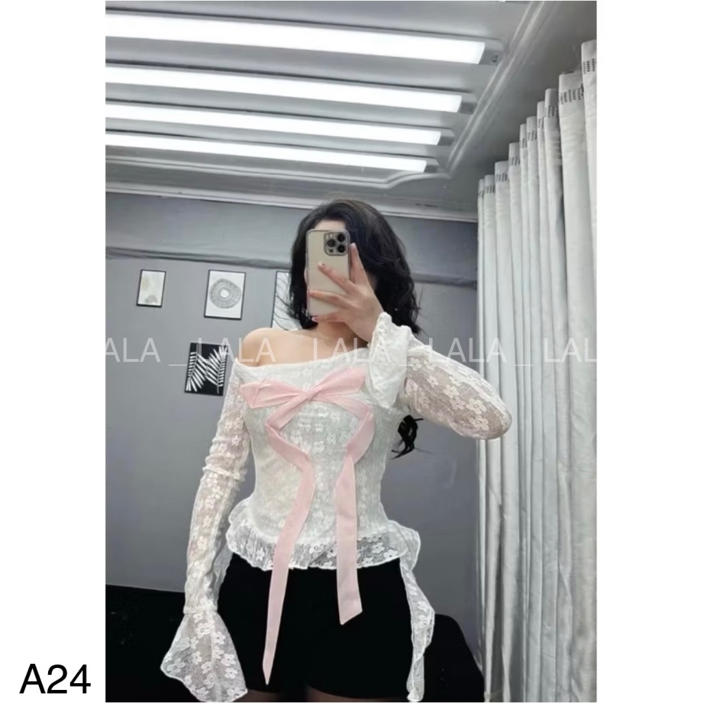 Áo lệch vai ren đính nơ ngực, trễ vai tay loe ren hoa hai lớp LALA  A24