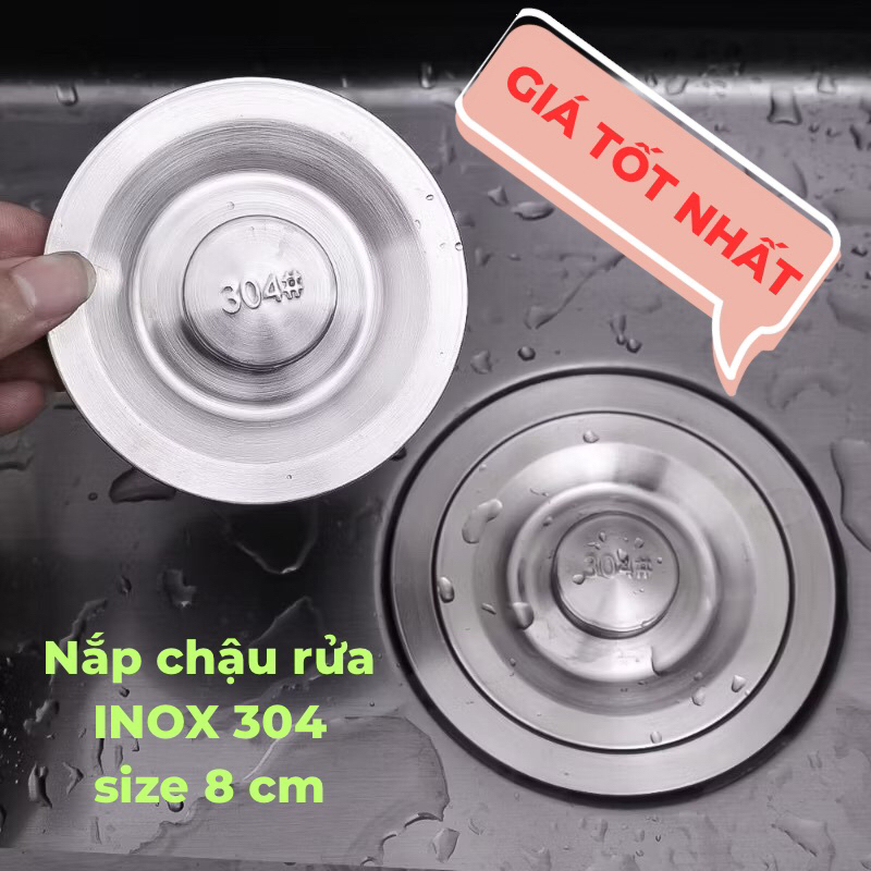 Nắp chậu rửa bát, inox 304, gioăng sili.con kín, size 8cm, nắp đậy bồn ...