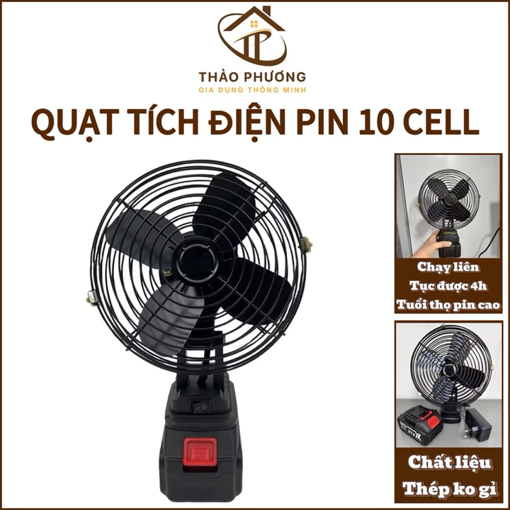Quạt Tích Điện Pin 10 Cell Dùng Liên Tục , Quạt Pin Tích 4-5h, Quạt Để Bàn Tích Điện Lồng Thép Gió Siêu Mát