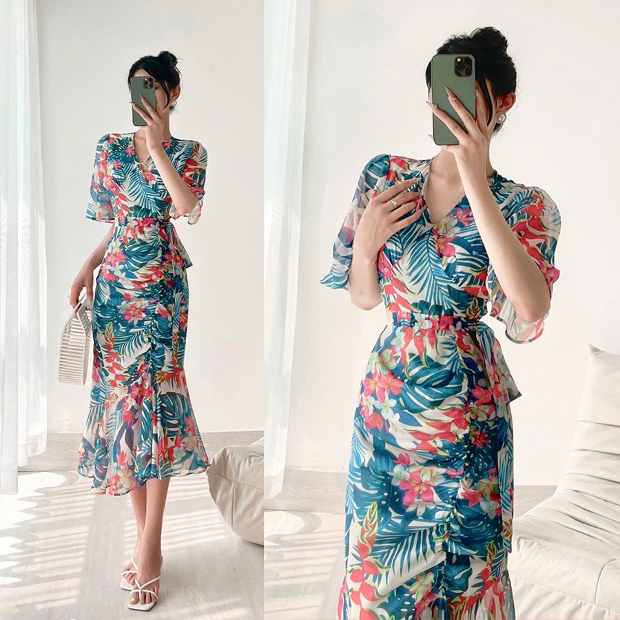 Set bộ hoa tơ cổ V áo crotop phôi chân váy đuôi cá A2047