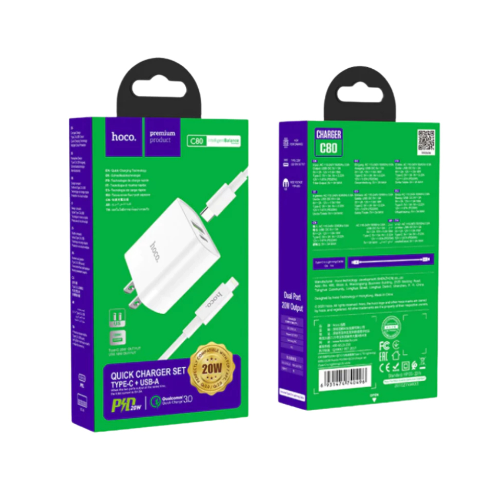 Combo Sạc Nhanh Hoco C80 - 20W(3A), 2 Cổng USB Và Type C, Kèm Dây Sạc Dùng Cho Điện Thoại Thông Minh