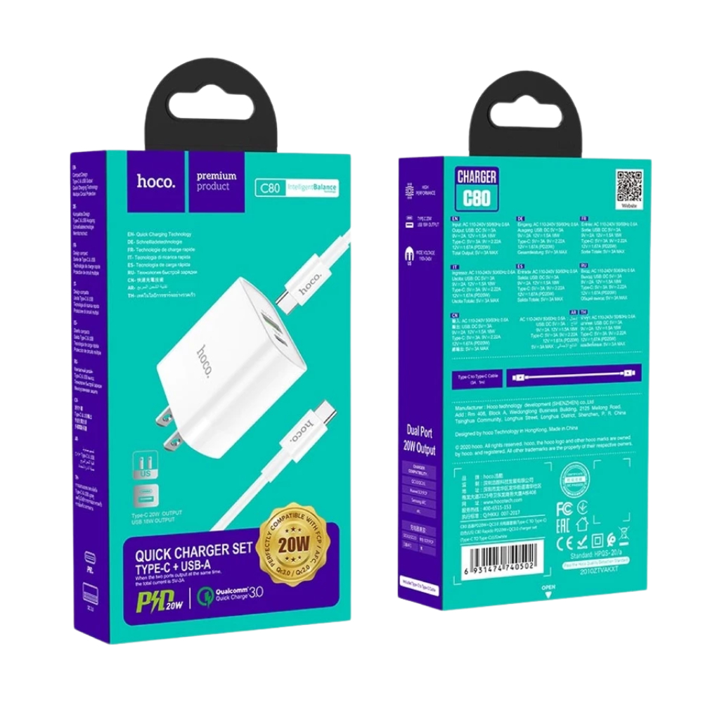 Combo Sạc Nhanh Hoco C80 - 20W(3A), 2 Cổng USB Và Type C, Kèm Dây Sạc Dùng Cho Điện Thoại Thông Minh