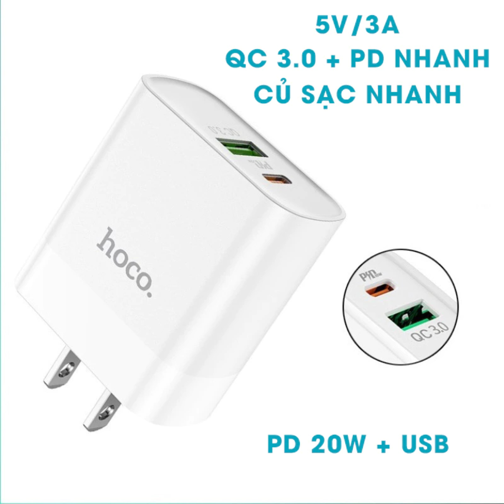 Combo Sạc Nhanh Hoco C80 - 20W(3A), 2 Cổng USB Và Type C, Kèm Dây Sạc Dùng Cho Điện Thoại Thông Minh