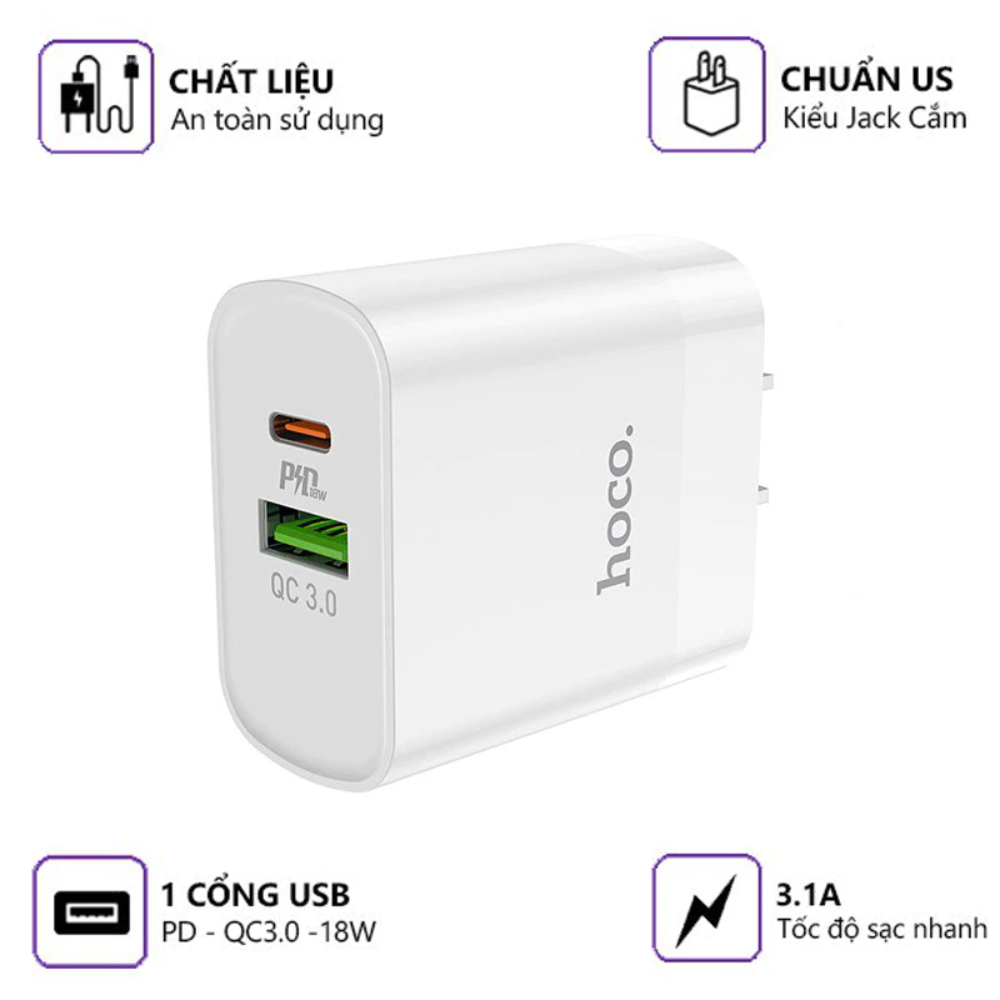 Combo Sạc Nhanh Hoco C80 - 20W(3A), 2 Cổng USB Và Type C, Kèm Dây Sạc Dùng Cho Điện Thoại Thông Minh