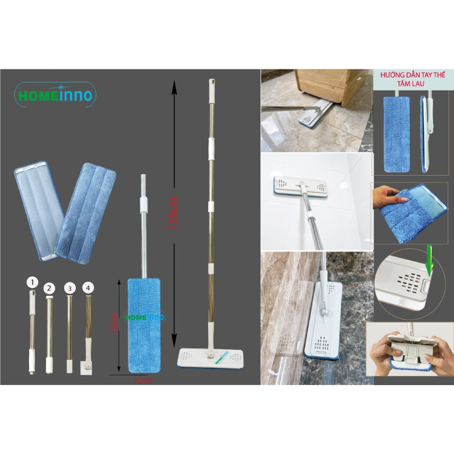 [HỎA TỐC](KHÔNG THÙNG LAU) Cây Lau Nhà Thay Thế Bộ Lau Nhà Vắt Xả 2 Ngăn Homeinno Bảng 32cm