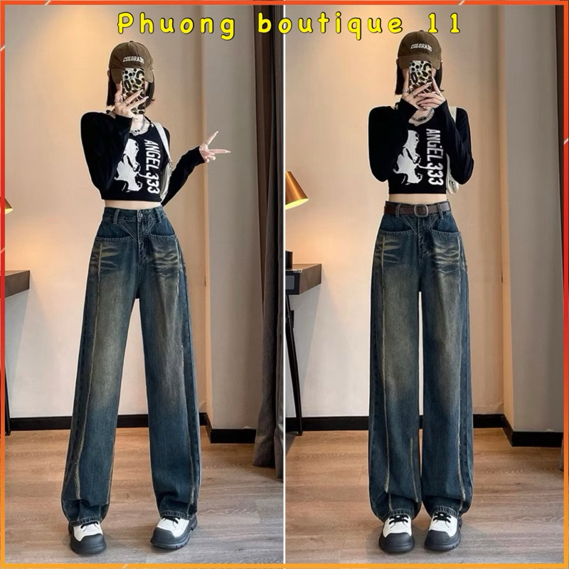 Quần suông jean nữ can chéo rách thân dài basic mới về