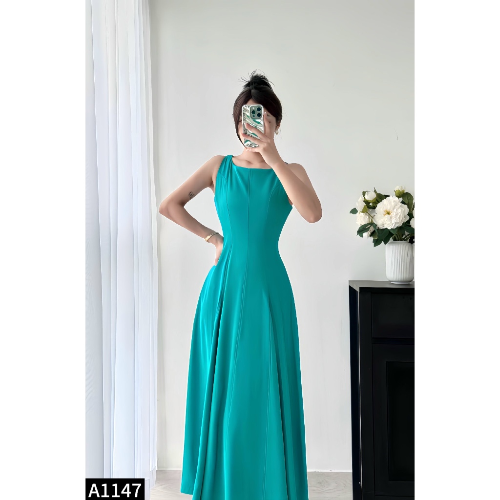 Đầm maxi cổ yếm dáng xòe 3 màu  chiết eo tím, hồng và xanh A1147