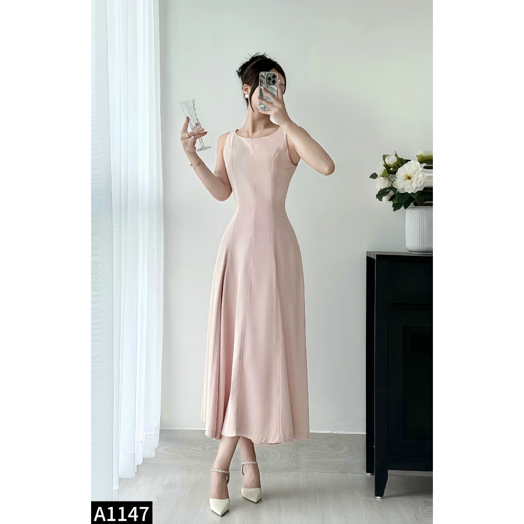 Đầm maxi cổ yếm dáng xòe 3 màu  chiết eo tím, hồng và xanh A1147