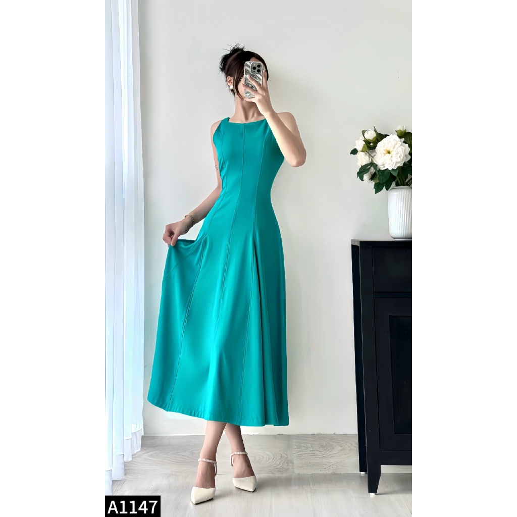 Đầm maxi cổ yếm dáng xòe 3 màu  chiết eo tím, hồng và xanh A1147